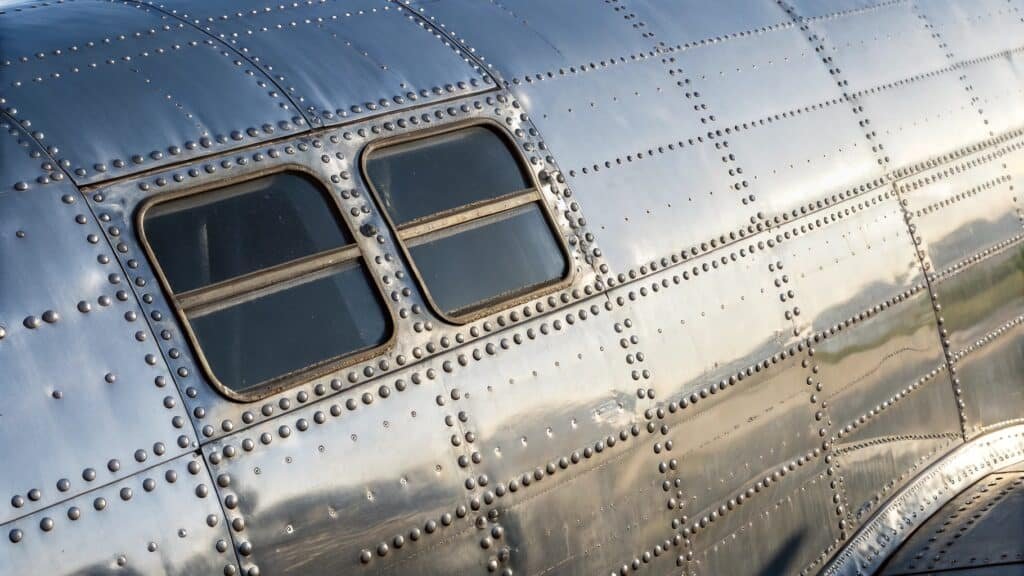 alt with keywords: a detailed view of an aircraft wing structure or fuselage showing rivets and aluminum panels